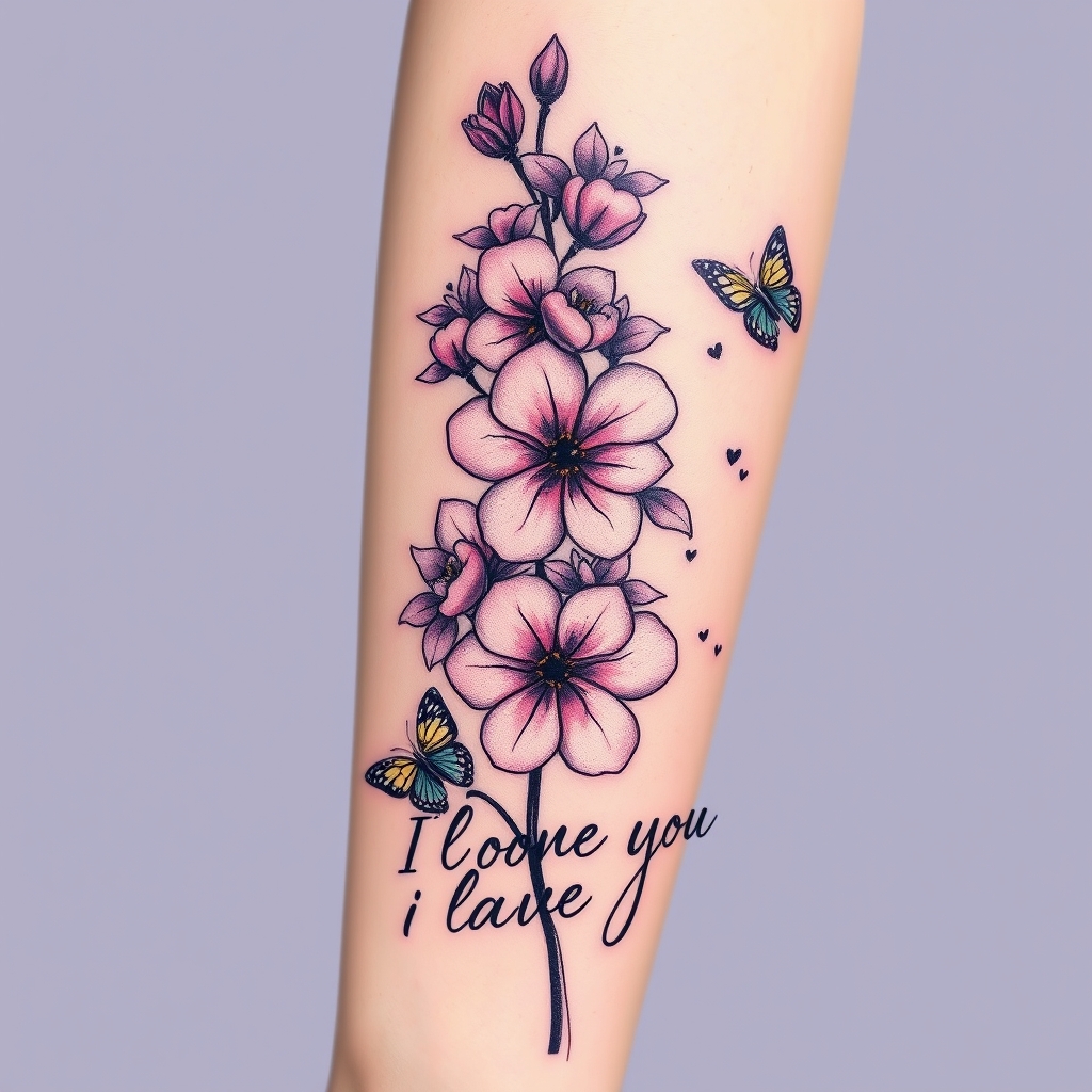 A tattoo design of Bloomed Larkspur with very little butterflies with I love you in cursive in the style of abstract. - flowers and insects tattoo design generated by AI tattoo generator