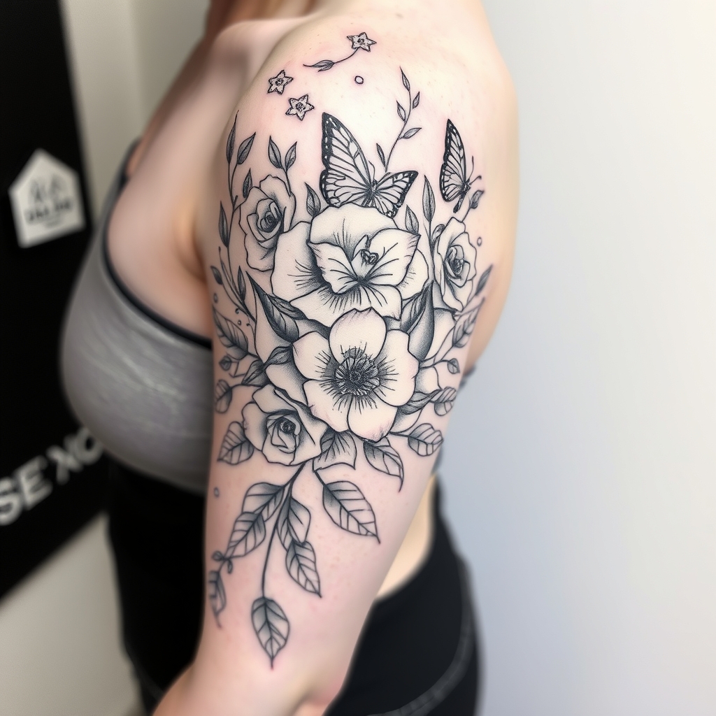 A tattoo design of A nice full half sleeve tattoo on the upper arm with a lot of rose's, butterfly's and minimalist vine leafs in black and white with fine line in the style of blackwork. - floral nature tattoo design generated by AI tattoo generator