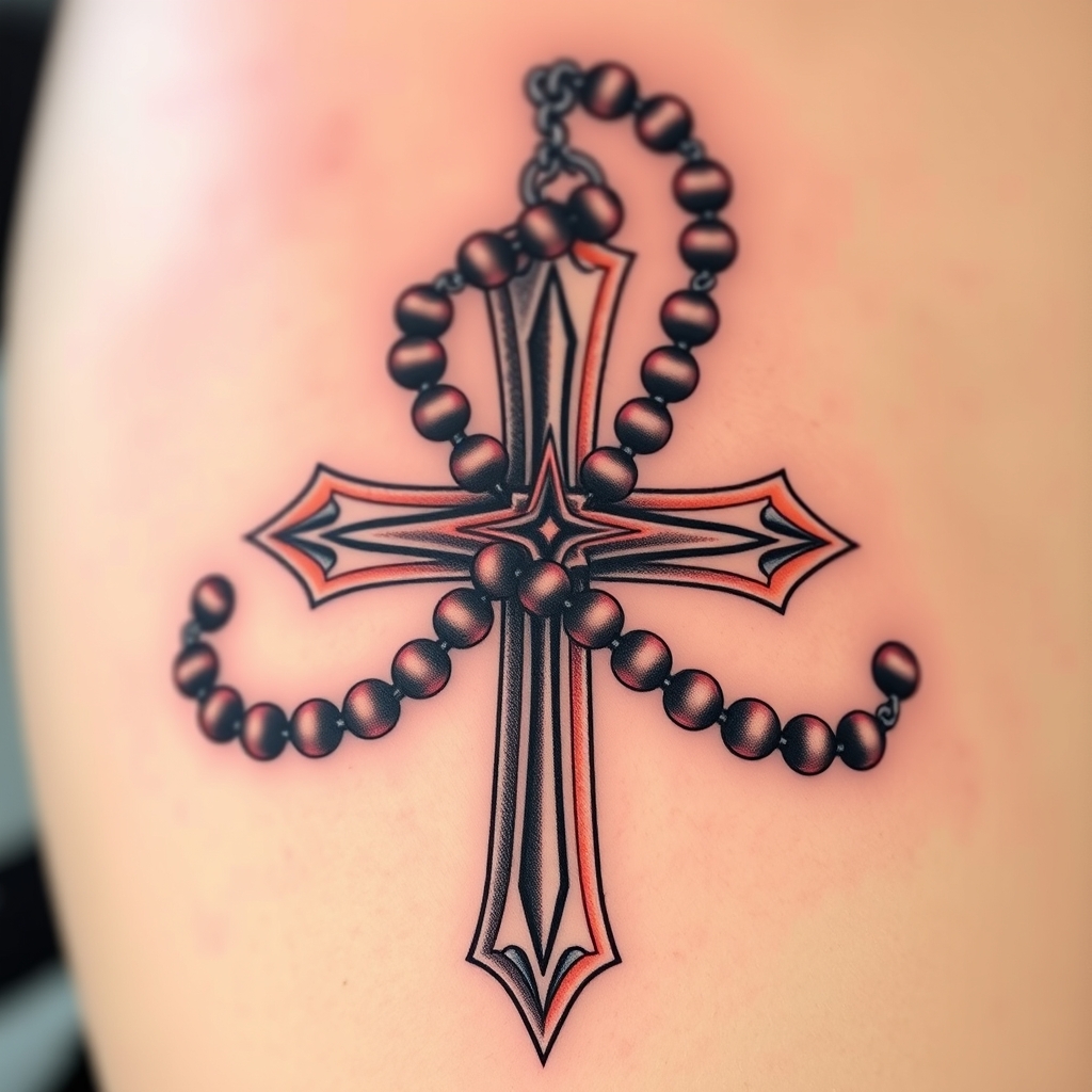 A tattoo design of Rosary wrapped around Ukrainian Orthodox Cross in the style of realistic. - catholic symbol tattoo design generated by AI tattoo generator