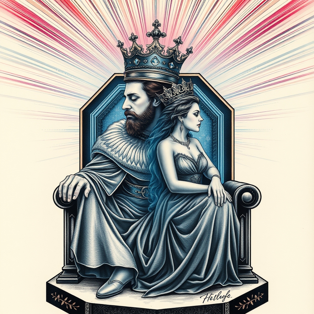 A tattoo design of A king and queen that are the same person, their images superimposed over each other  sitting on his hexagon shaped throne, his eyes closed, his face soft, and his aura light blue and silver around him, his crown is streaming light rays, in fine thin strips of various colors, extending out in all directions  in the style of surrealistic. - royalty fantasy tattoo design generated by AI tattoo generator