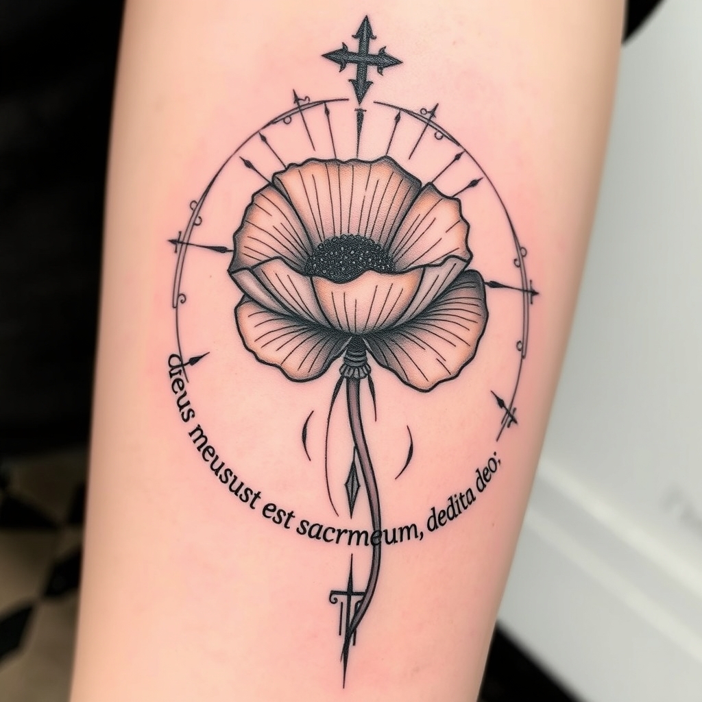 A tattoo design of XV: XI: MMXXI Isabella Poppy  deus meus est sacramentum, dedita deo  in the style of abstract. - latin phrase memorial tattoo design generated by AI tattoo generator