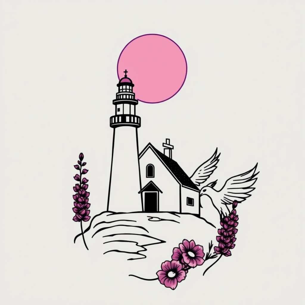A tattoo design of Chapel with a lighthouse beside it with a pink moon an purple lupines an phoenix in the style of minimalist. - landmark architecture tattoo design generated by AI tattoo generator