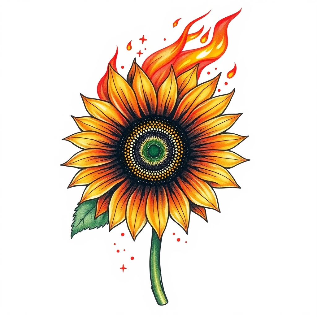 A tattoo design of A sunflower with fire  in the style of watercolor. - flowers tattoo design generated by AI tattoo generator
