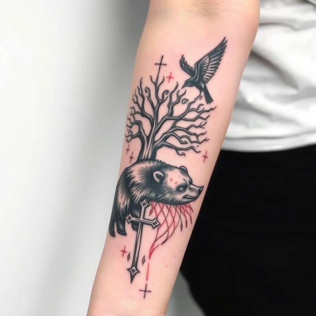 A tattoo design of feminine, odins ravens, wyrd, yggdrasil, vegvisin, valknut, troll cross and bear, add a little red Down my arm onto my wrist in the style of abstract. - norse mythology tattoo design generated by AI tattoo generator