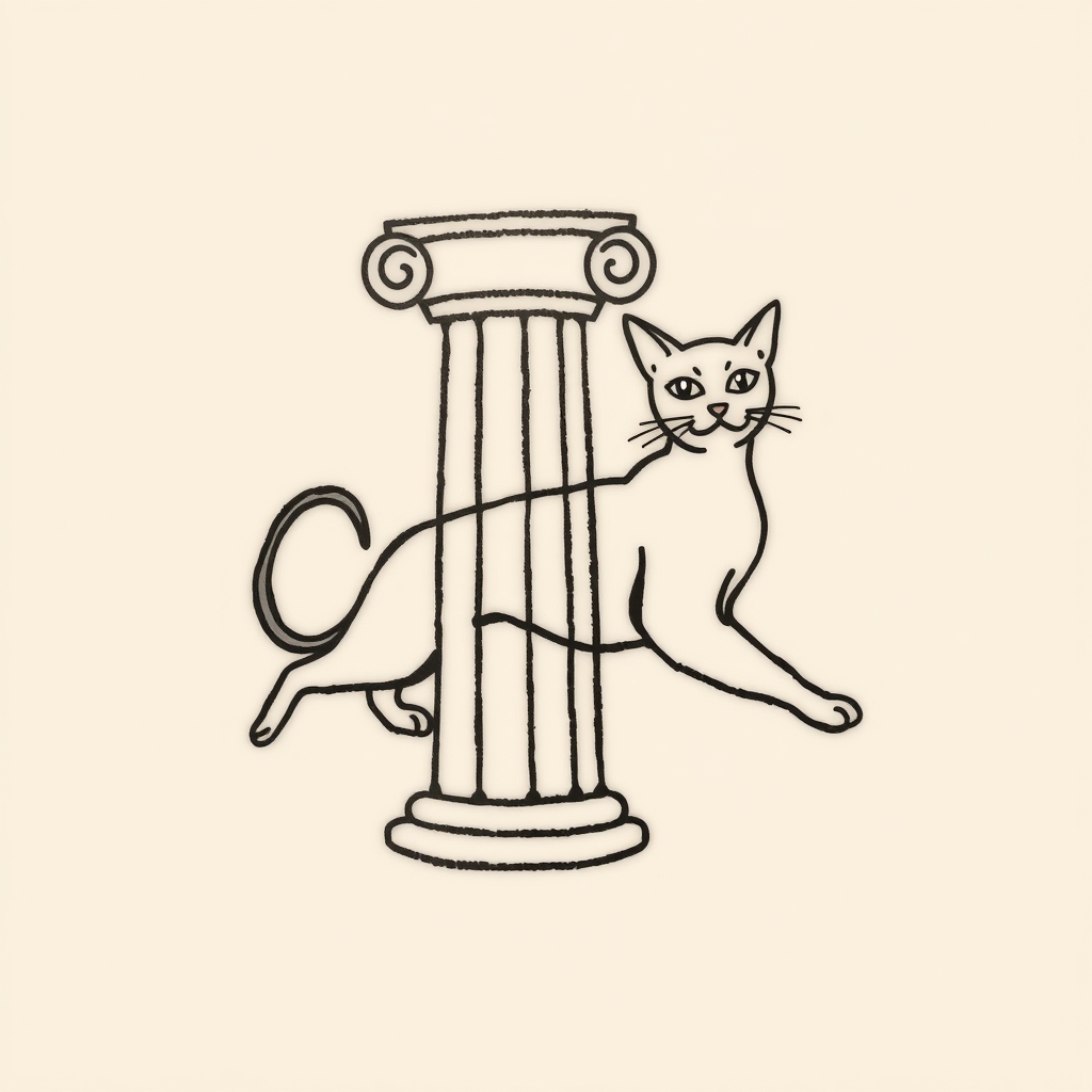 A tattoo design of Simple lined Greek pillar with a sleek cat stretching next to it  in the style of traditional. - architecture animal tattoo design generated by AI tattoo generator