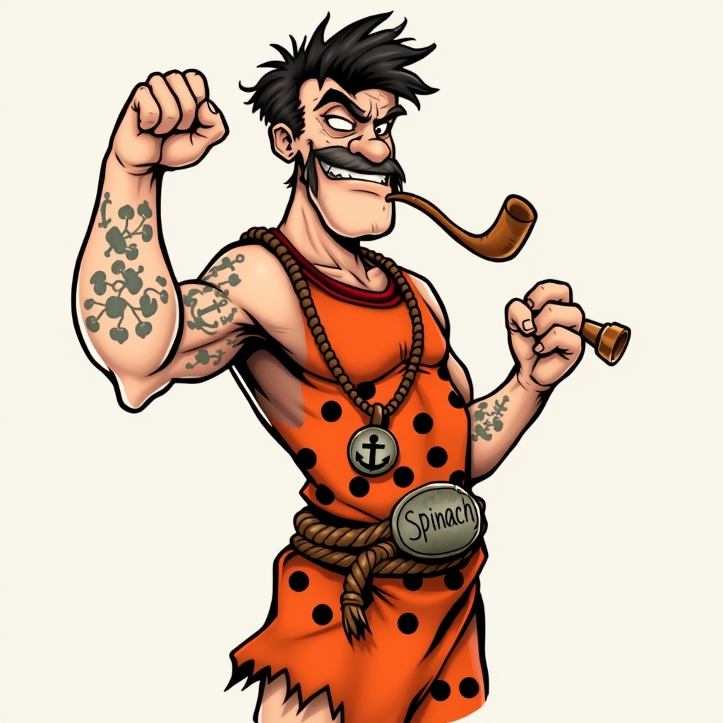 A tattoo design of 1. Pose & Composition Full-body or upper-body shot: Popeye’s classic braced-stance—one fist on hip, another flexing—dressed in Fred’s prehistoric attire. Slight three-quarters angle: Gives depth to his muscular arm and his iconic pipe. 2. Face & Expression Popeye’s face shape with squinty eye, corncob pipe clenched in teeth. Fred’s heavy five o’clock shadow making his jawline more rugged. Wild Stone Age hair—Fred’s messy black mane slightly tousled. 3. Attire & Details Orange and black-spotted tunic from Fred, torn to reveal Popeye’s anchor tattoos on the forearms. Stone pendant necklace like Fred wears, but shaped as a spinach can lid. Rope belt holding a small club that has “Spinach” carved onto it. in the style of surrealistic. - cartoon character mashup tattoo design generated by AI tattoo generator