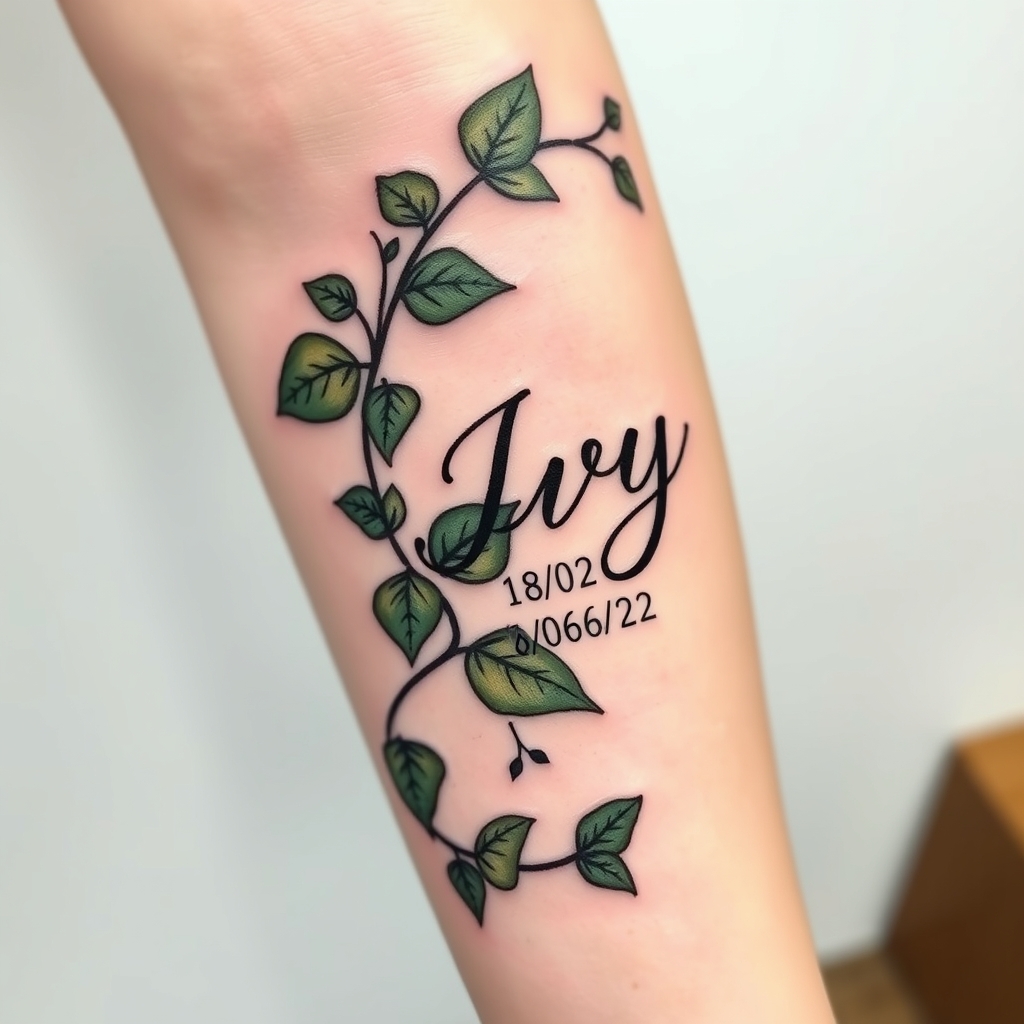 A tattoo design of Ivy leaves wrapping round arm with the name Ivy incorporated and the date of birth 18/06/22 in the style of minimalist. - name and birthdate memorial tattoo design generated by AI tattoo generator