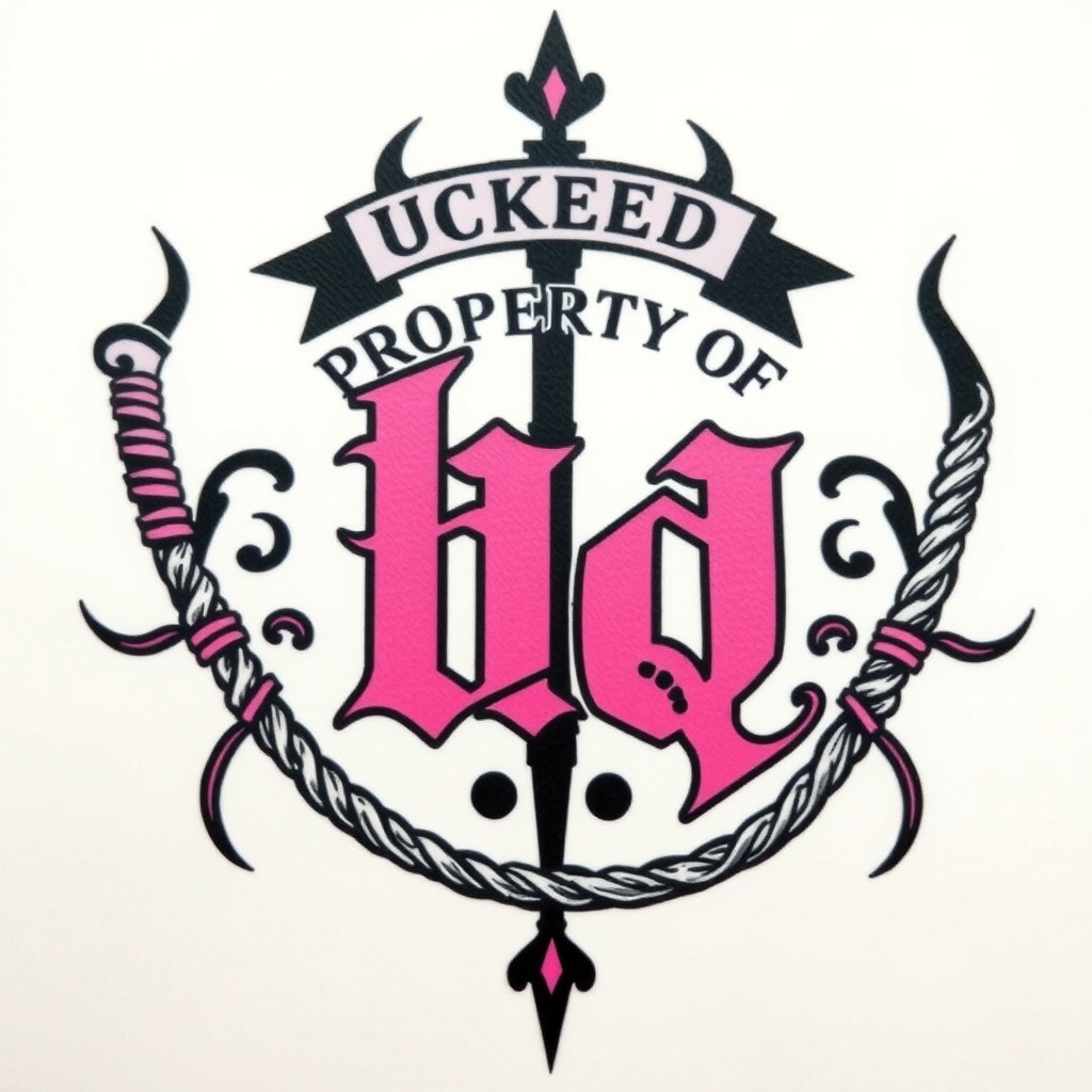 A tattoo design of Cuckold symbol. Black and pink are the colors. Name is bb. Spells "PROPERTY OF MQ". A whip is shown. in the style of traditional. - bdsm fetish tattoo design generated by AI tattoo generator