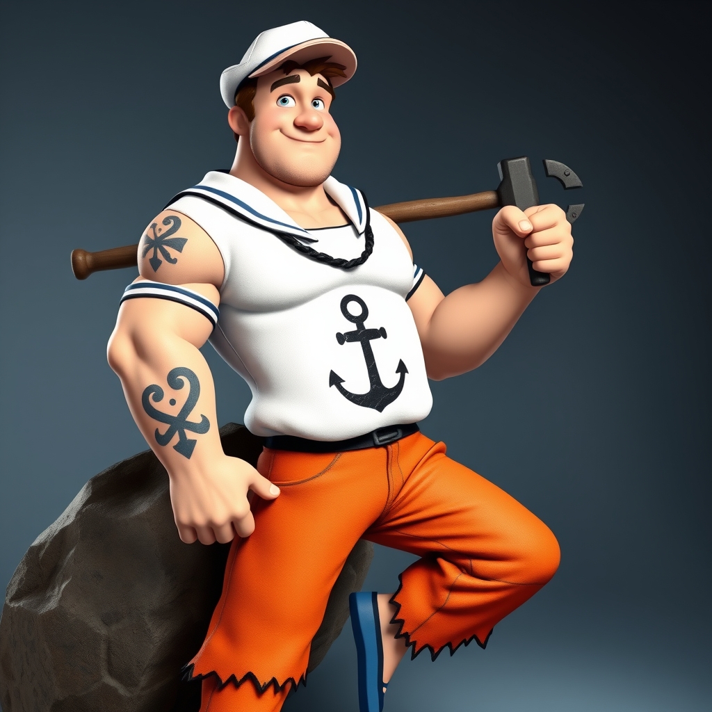 A tattoo design of Mashup Character & Pose Fred’s Iconic Build + Popeye’s Physique: Fred Flintstone’s round, amiable face—complete with his trademark stubble—is built on Popeye’s muscular frame, especially that legendary forearm power. Anchor Tattoo: Boldly inked on his forearm: Popeye’s classic anchor, seamlessly integrated into Fred’s rugged square-shouldered silhouette. Pose: Leaning casual and confident against Fred’s prehistoric club, angled slightly — suggesting a moment of rest after some mighty feats in Bedrock. Attire + Color Palette Popeye’s Sailor Outfit in Flintstone Hues: Shirt: Popeye’s white sailor shirt—reimagined in Fred’s signature orange-leopard pattern edged with Flintstone-style black jagged trim. Pants: Classic Popeye blue sailor trousers, but dyed in a rich Flintstone orange shade to match the shirt, trimmed black. Hat: Popeye's white cap, but the bill is stone-carved and slightly chipped for prehistoric flair. Props Club (Leaning On): A big, chunky stone club with vein-like cracks—clear Bedrock craftsmanship. Spinach Can (In Hand): A rock-hewn can labeled “Spinach” in a bold chiseled font, a vivid green leaf peeking out. --- 🖌️ Art Style Suggestions Neo‑Traditional / American Traditional Style: Clean, bold outlines (think thick black lines around character). A palette that’s bright but grounded: Flintstone orange, Popeye blue, leafy spinach green, stone-gray for props. Shading with stippling or classic Americana style for depth and texture. Color Balance: Orange-leopard pattern stays the dominant visual theme, grounding the design firmly in Fred's aesthetic—even as the sailor elements pop against it. in the style of traditional. - tattoo design tattoo design generated by AI tattoo generator