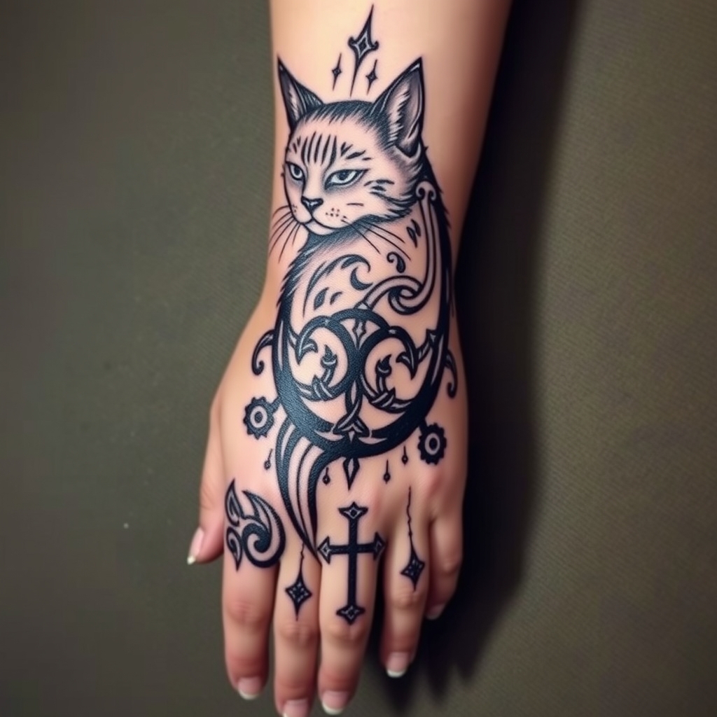 A tattoo design of feminine, viking cat, wyrd, yggdrasil, vegvisin, valknut, troll cross and hug in and munin. Starting at my elbow curving down my forearm onto my fingers in the style of realistic. - norse mythology tattoo design generated by AI tattoo generator