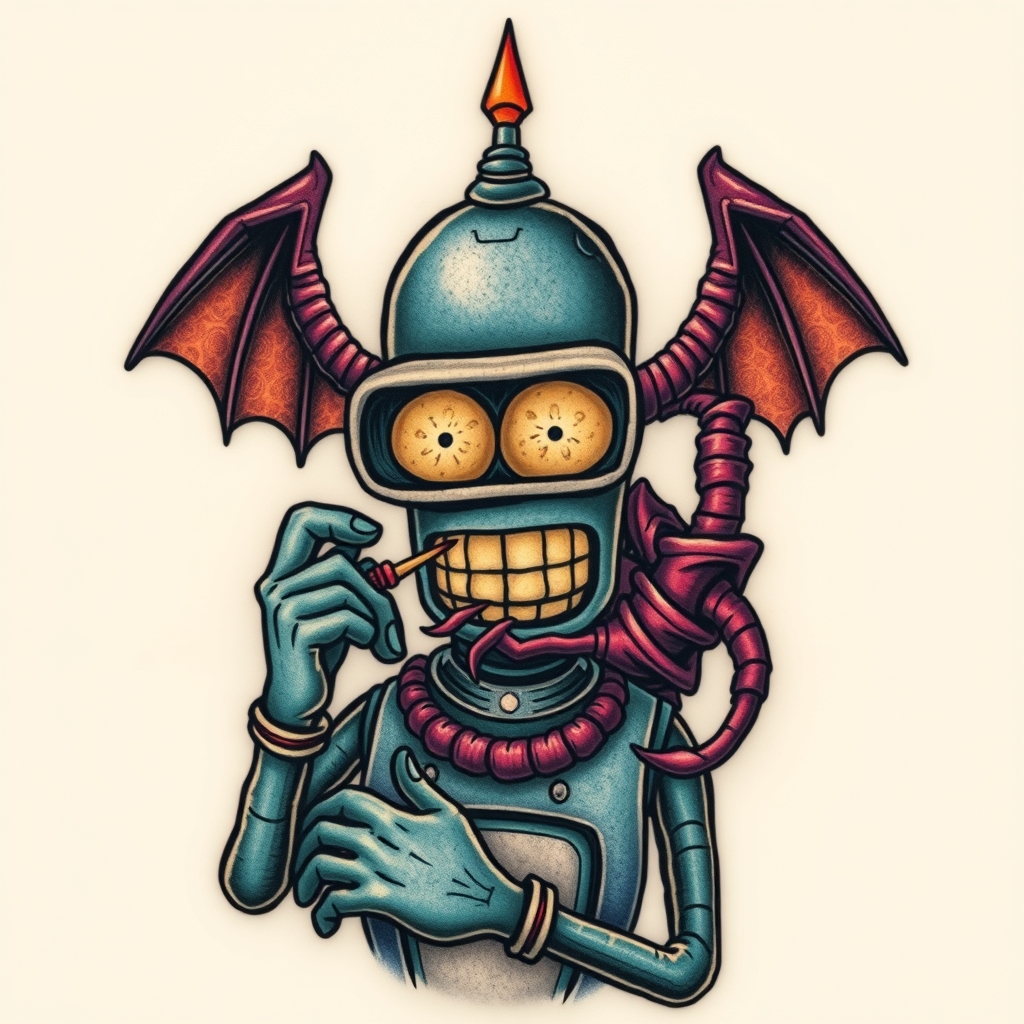 A tattoo design of Bender from futurama stroking luci the demon from disenchantment  in the style of surrealistic. - cartoon characters tattoo design generated by AI tattoo generator