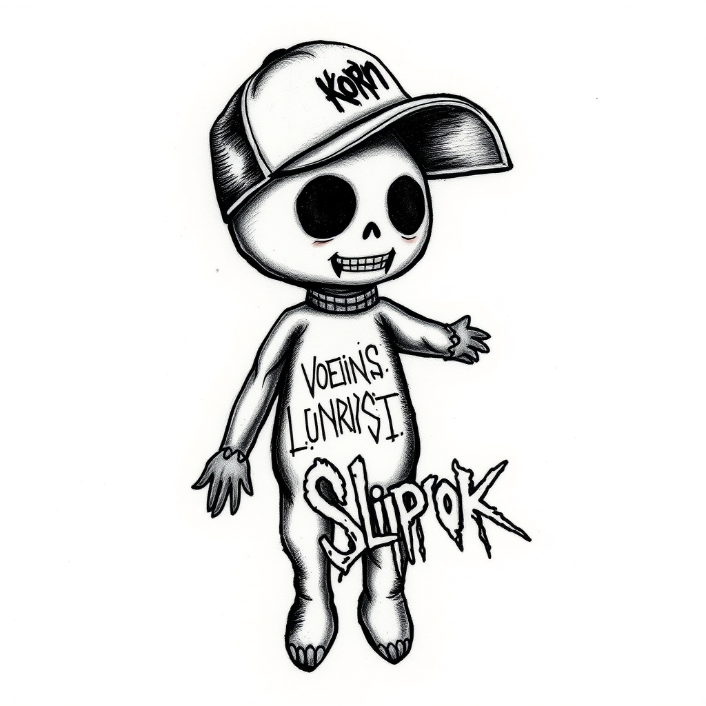 A tattoo design of Korn voodoo doll with linkin park logo written on and Slipknot logo with a limp bizkit cap on its head in the style of blackwork. - music bands tattoo design generated by AI tattoo generator