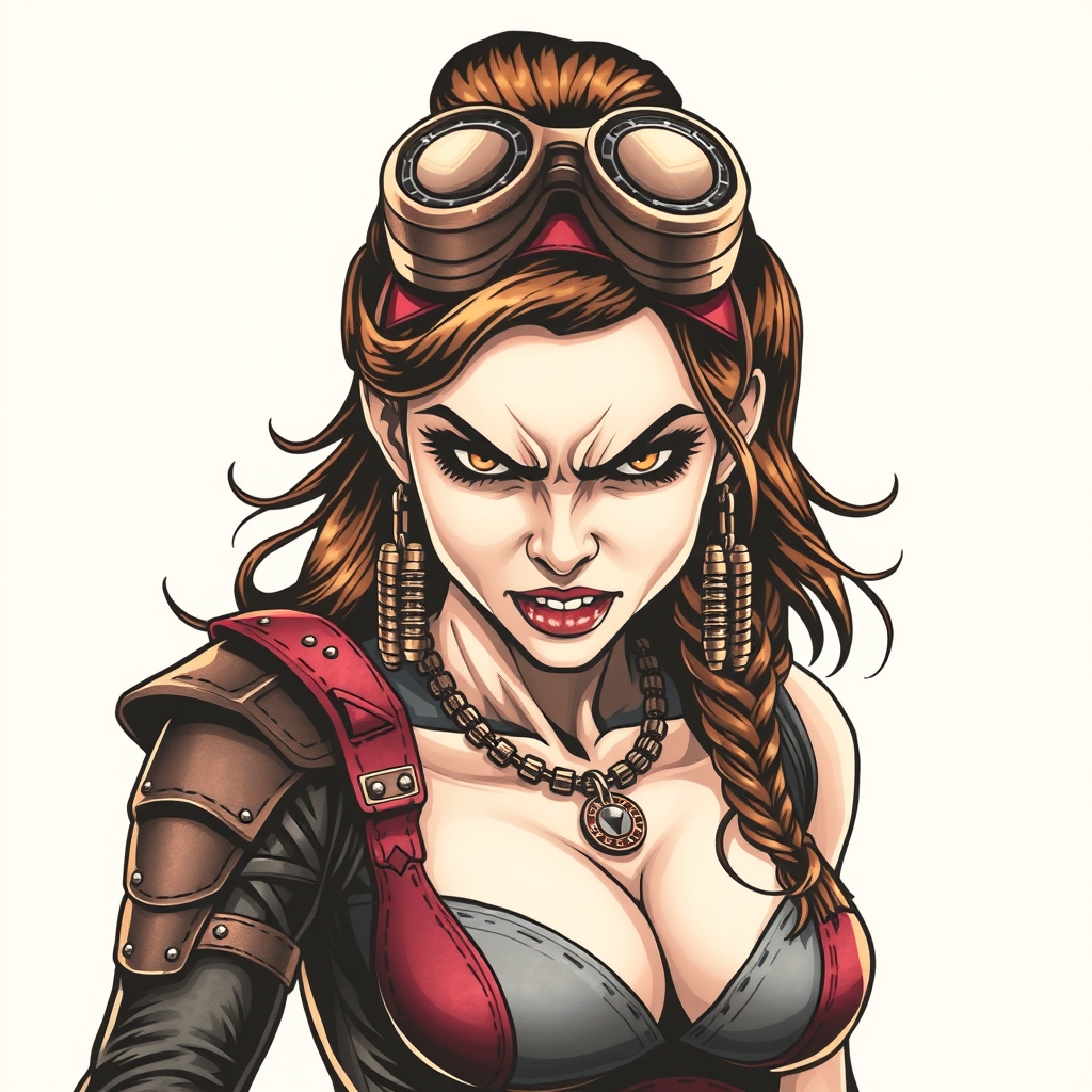 A tattoo design of Steampunk superhero girl who is angry in the style of realistic. - steampunk superhero tattoo design generated by AI tattoo generator