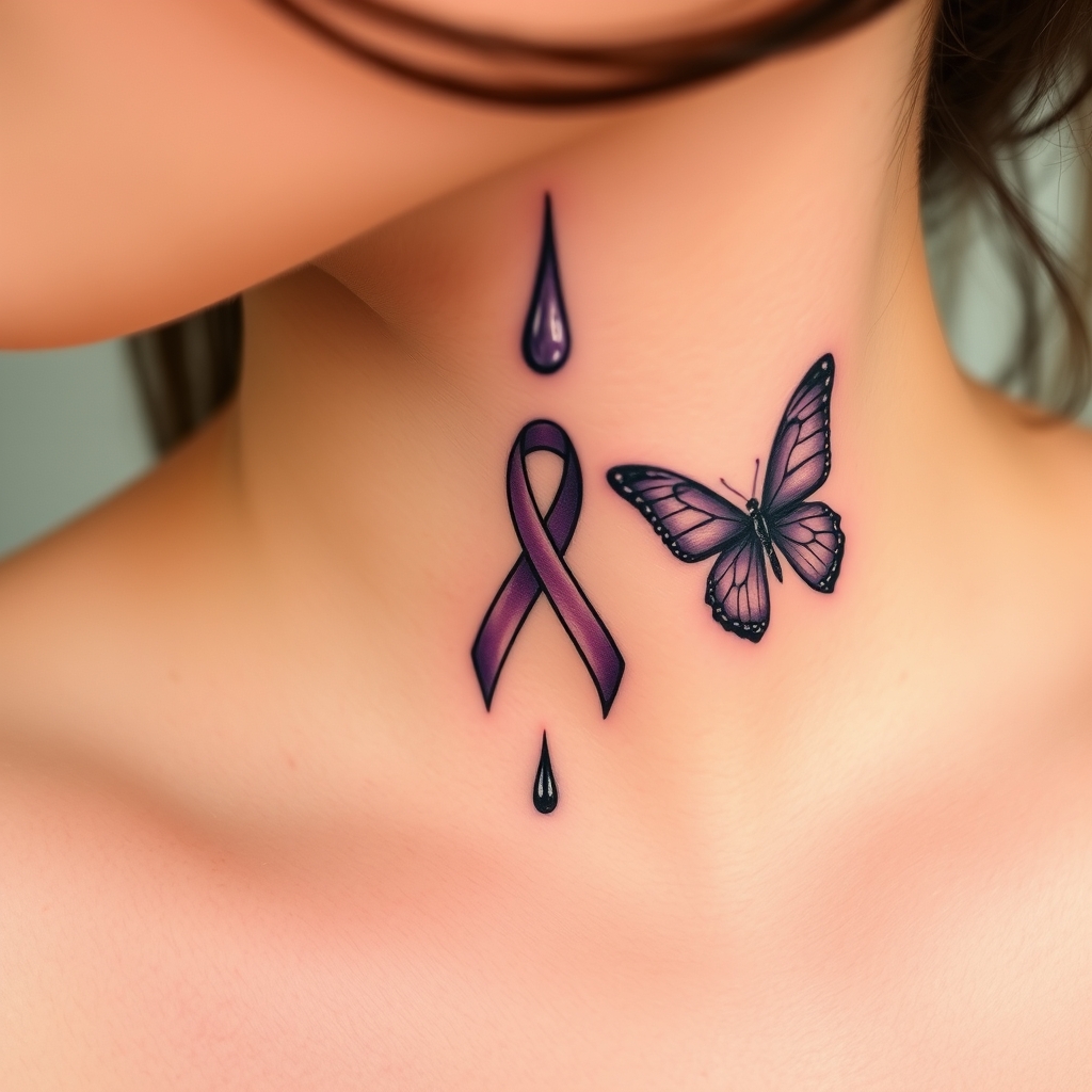 A tattoo design of A tear running down a woman's face with a domestic violence ribbon and a purple butterfly entwined together in the style of minimalist. - domestic violence awareness tattoo design generated by AI tattoo generator