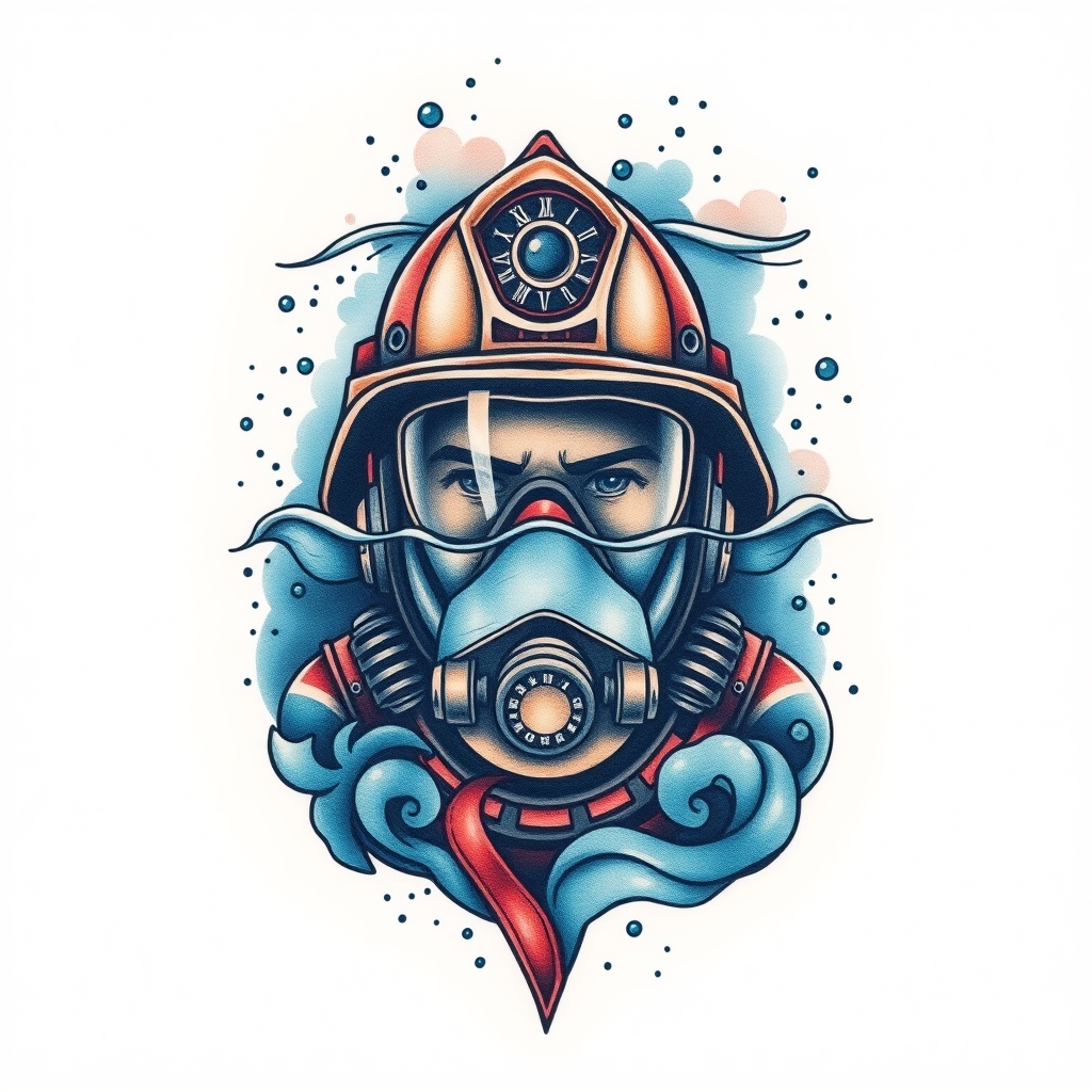A tattoo design of A firefighter under the ocean in the style of watercolor. - underwater firefighter tattoo design generated by AI tattoo generator