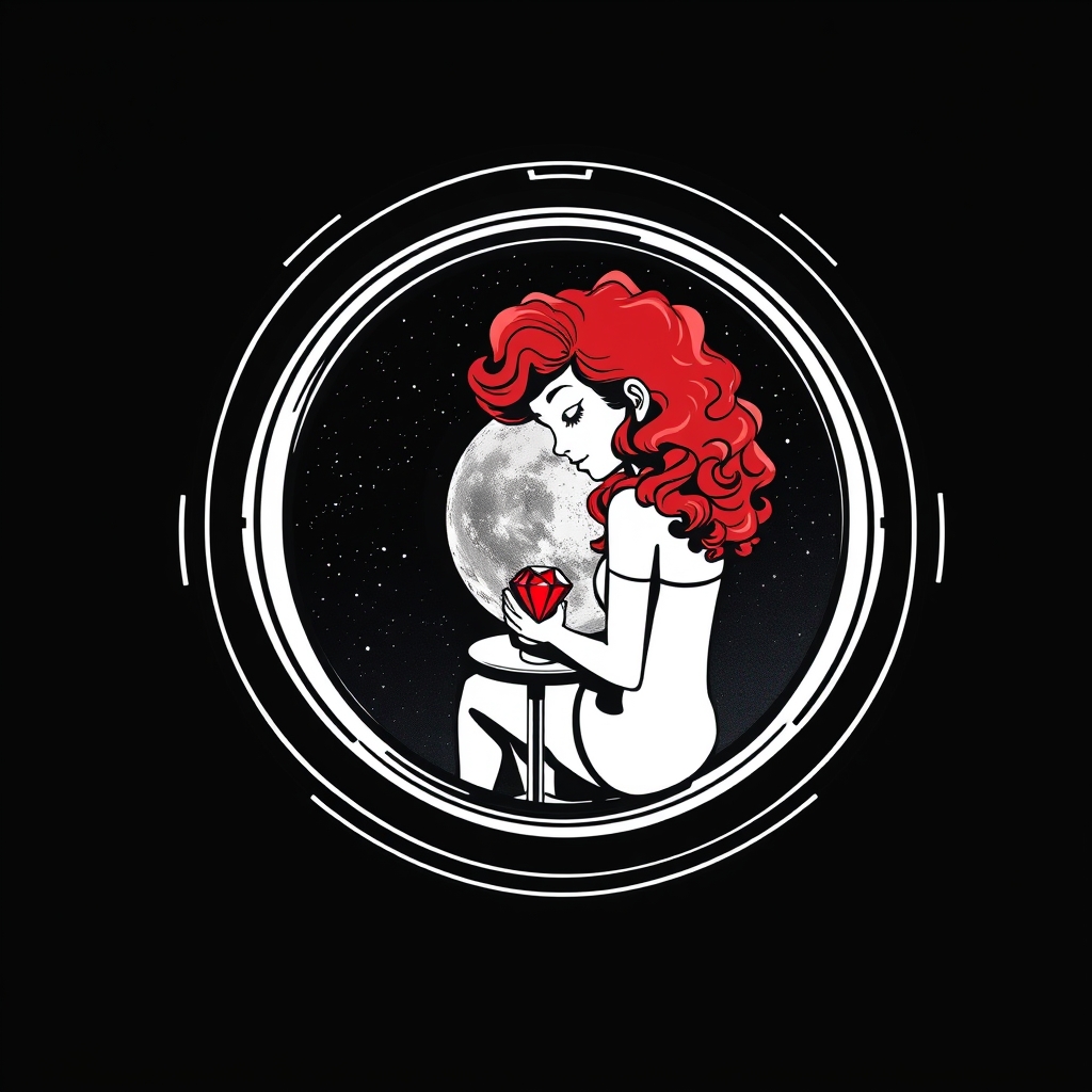 A tattoo design of Black and grey style. Redhead girl with curly hair sitting in a small space capsule alone. Floating through space with nothing to keep her company but a thing red ruby which she keeps on the small table by the porthole window. They are both sitting by the window peering out on an unknown planet. in the style of geometric. - space travel tattoo design generated by AI tattoo generator