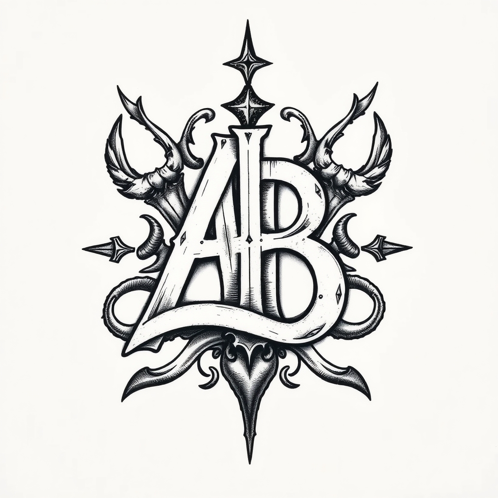 A tattoo design of Initials AB, year 1974,  in the style of surrealistic. - initials and year tattoo design generated by AI tattoo generator
