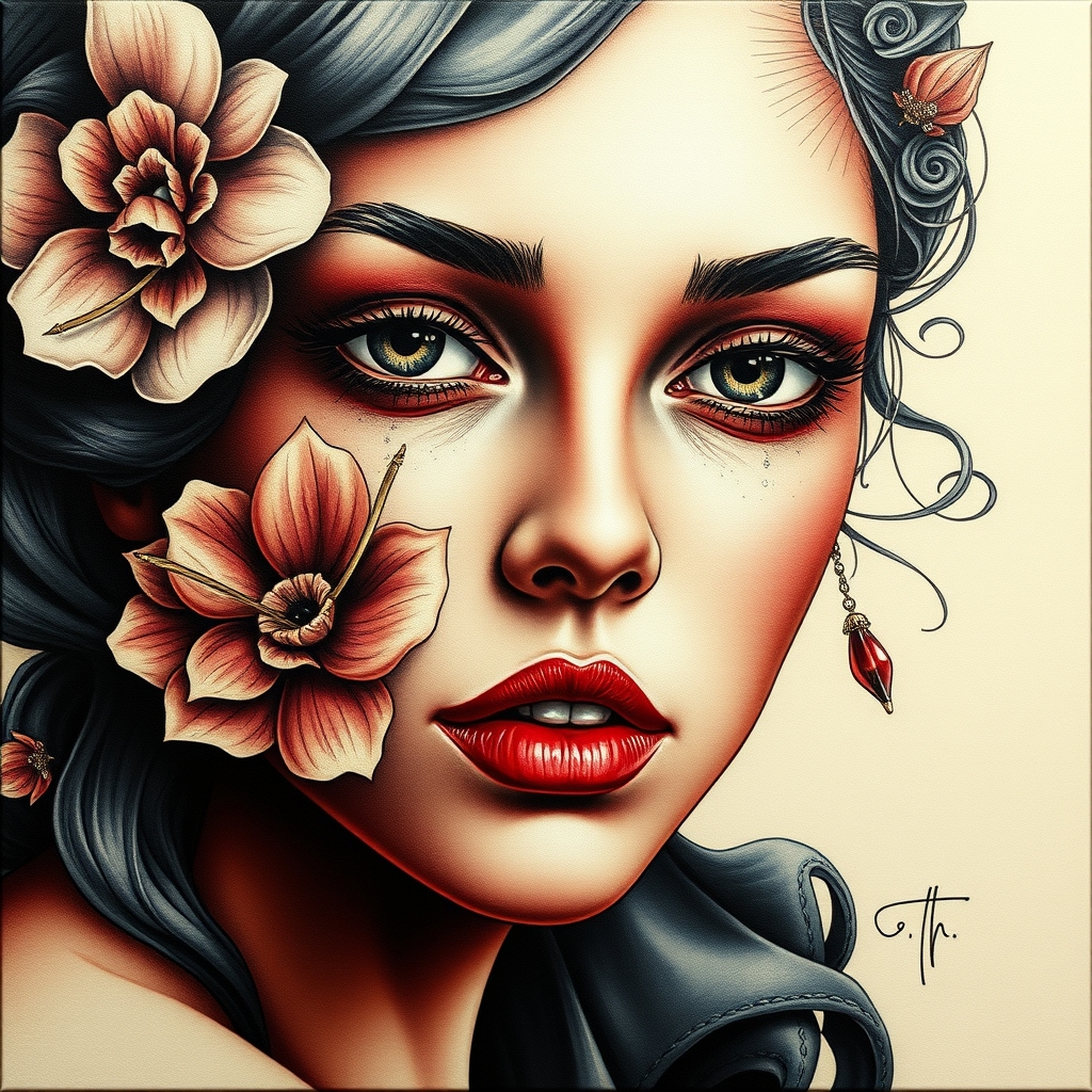 A tattoo design of CANVAS, beautiful woman face, inspired by Karolina Pisarek (((inspired by Karolina Pisarek))) (--erutxet: yalc - eulg:5%): 3d in the style of surrealistic. - female portrait tattoo design generated by AI tattoo generator