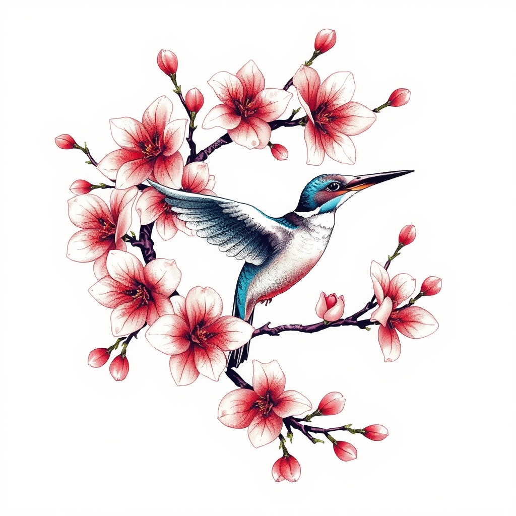 A tattoo design of Big quantities of cherry blossoms with flying kingfisher in the style of abstract. - nature tattoo design generated by AI tattoo generator