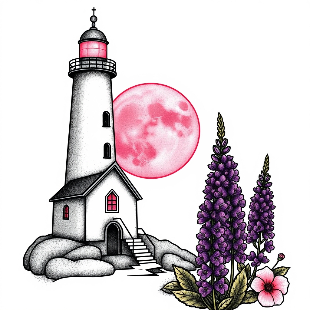 A tattoo design of lighthouse beside a chapel with a pink moon an purple lupines in the style of traditional. - landscapes with architecture tattoo design generated by AI tattoo generator
