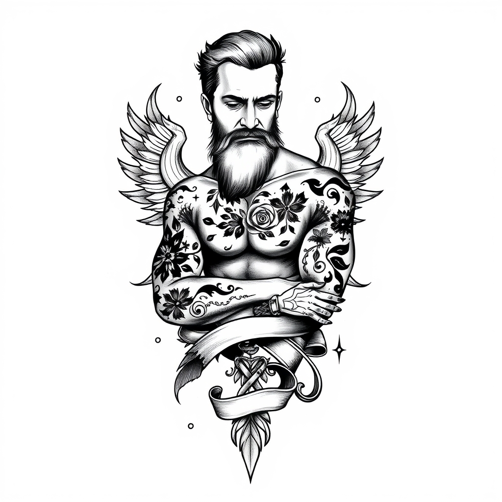 A tattoo design of man vintage tattoo on white background in the style of blackwork. - vintage tattoo tattoo design generated by AI tattoo generator