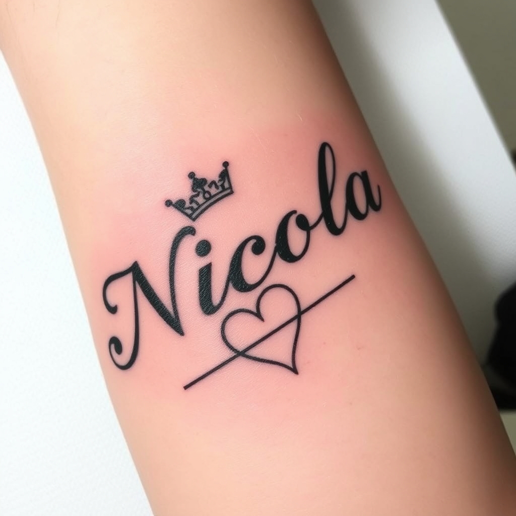 A tattoo design of Nicola scritto in corsivo con una corona che precede il nome, ed infine attaccato al nome la linea del battito cardiaco in the style of traditional. - name with heart rate line tattoo design generated by AI tattoo generator