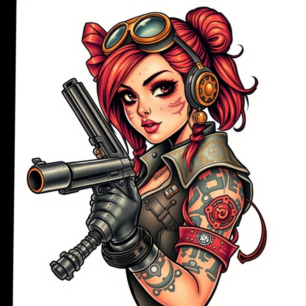 A tattoo design of Steampunk mad girl holding a gun in the style of realistic. - steampunk girl tattoo design generated by AI tattoo generator