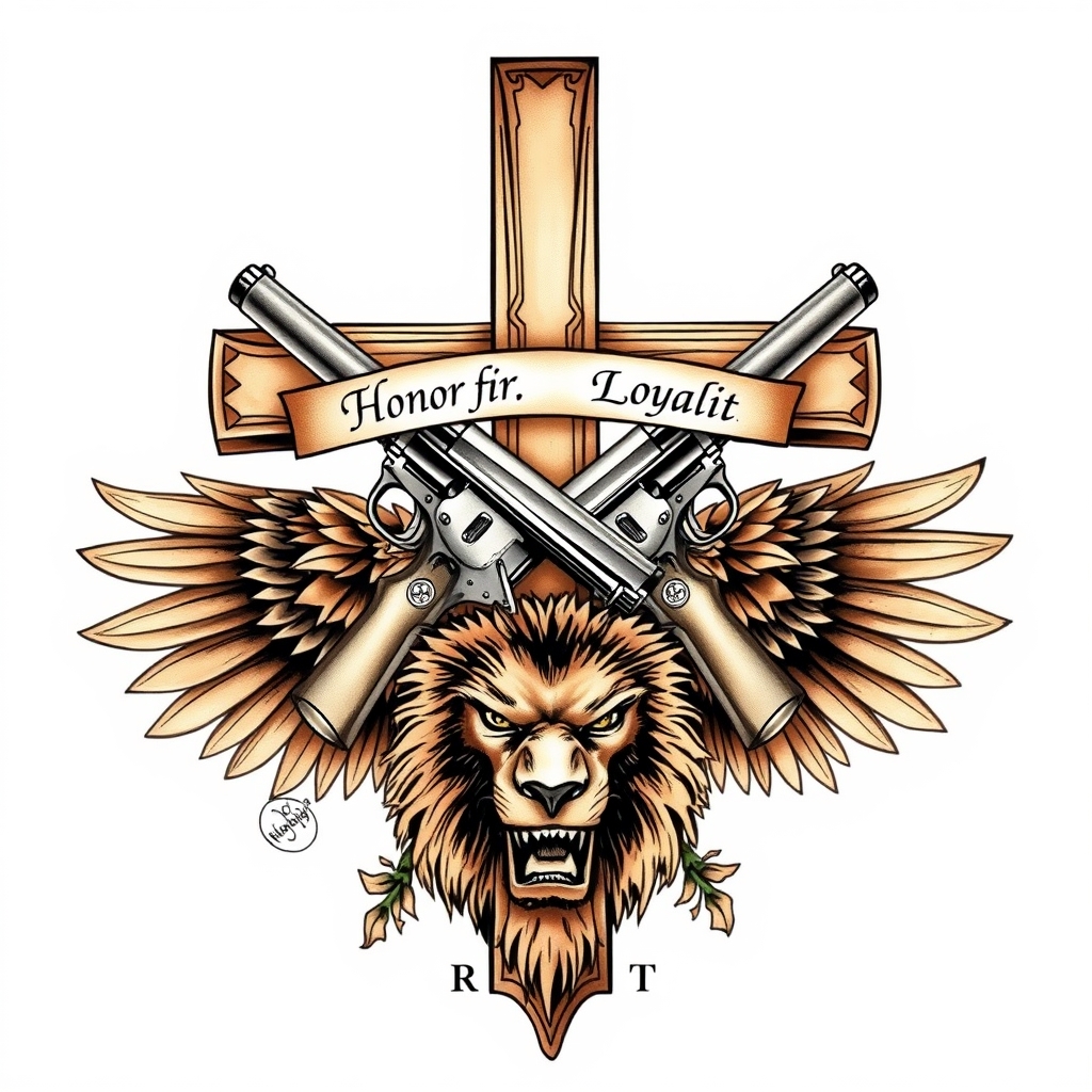 A tattoo design of A Large Christian Cross with the words written in Latin Truth, Honor, Loyalty in a banner intertwined, and 2 pearl-handled pistol guns going diagonal across the Cross with roses wrapped around and an Eagles wings on a lion in the style of realistic. - religion firearms tattoo design generated by AI tattoo generator