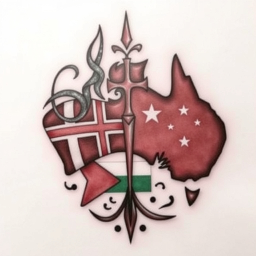 A tattoo design of A tattoo that represents my Gaelic, danish, Zambian and Australian heritage in the style of tribal. - cultural heritage tattoo design generated by AI tattoo generator
