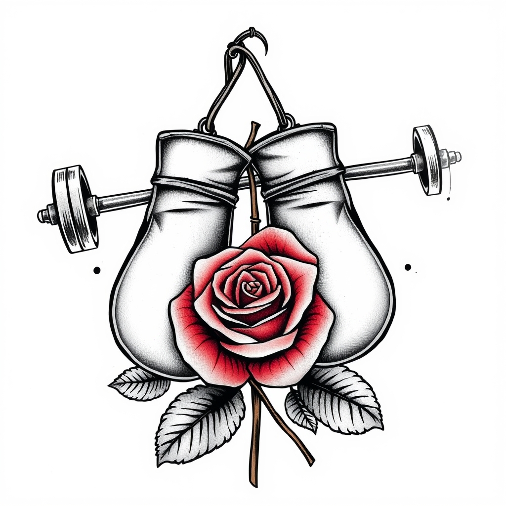A tattoo design of A pair of boxing gloves, a barbell, and a rose in the style of realistic. - sports equipment tattoo design generated by AI tattoo generator