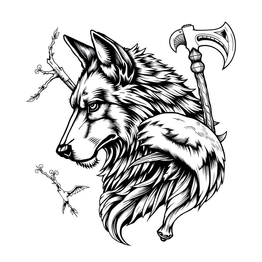 A tattoo design of Lebensbaum , Wolf, Rabe , Fledermaus , Axt in the style of blackwork. - mythical creatures tattoo design generated by AI tattoo generator