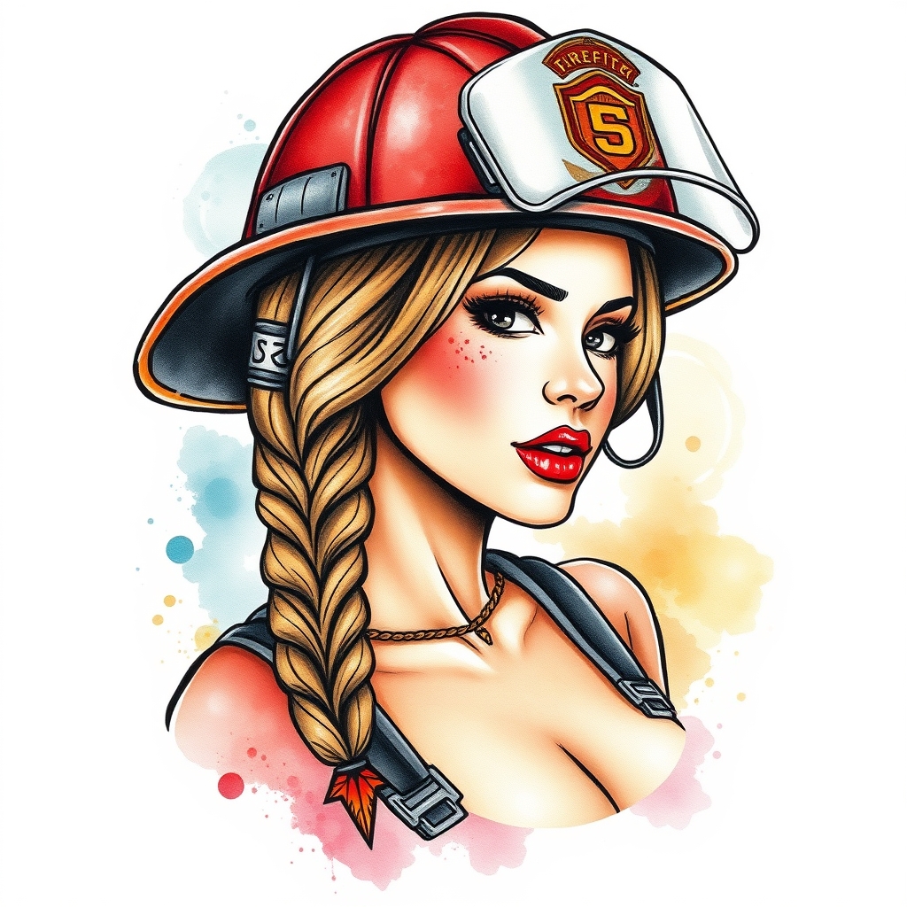 A tattoo design of Firefighter girl pinup  in the style of watercolor. - pinup girl tattoo design generated by AI tattoo generator