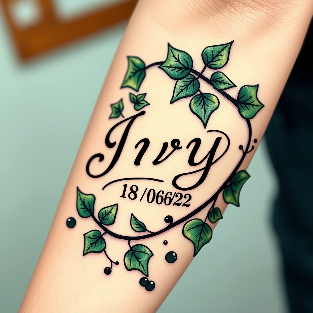 A tattoo design of Ivy leaves wrapping round arm with the name Ivy incorporated and the date of birth 18/06/22 in the style of traditional. - floral name and date tattoo design generated by AI tattoo generator