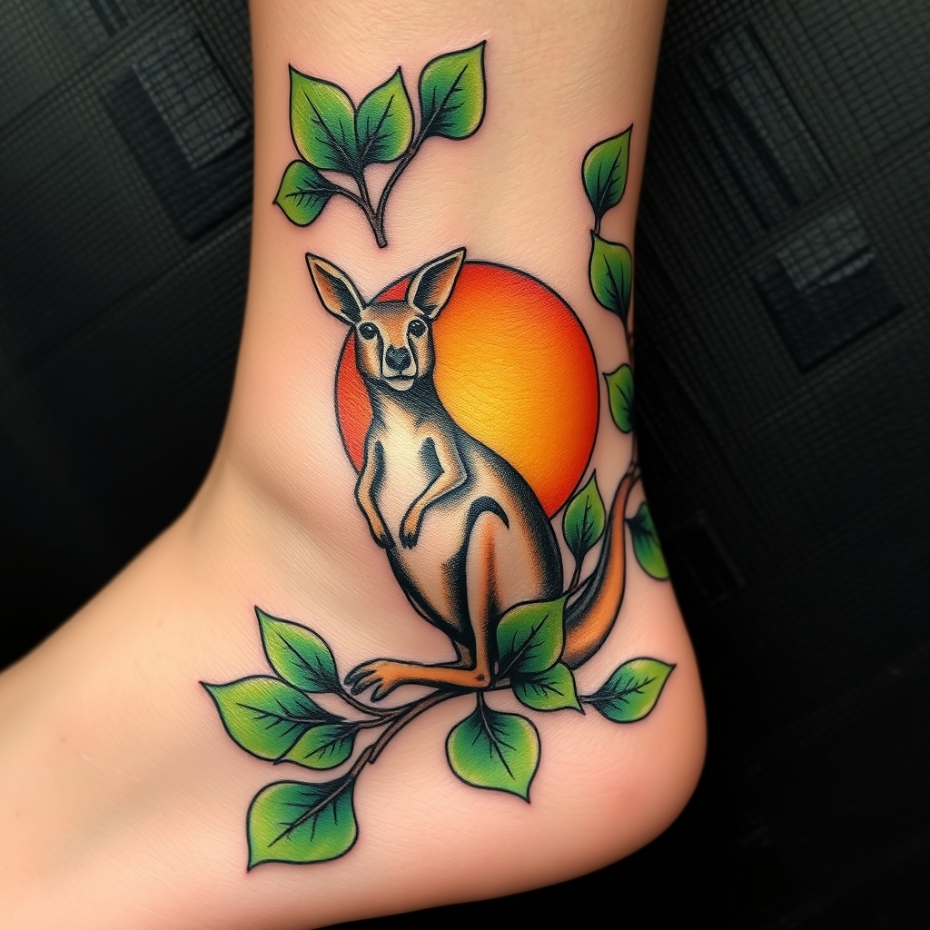 A tattoo design of Green Eycuyptus leaves around the entire ankle with a kangroo in front of the sun kle with Kangaroo and sun in the style of realistic. - australian wildlife tattoo design generated by AI tattoo generator