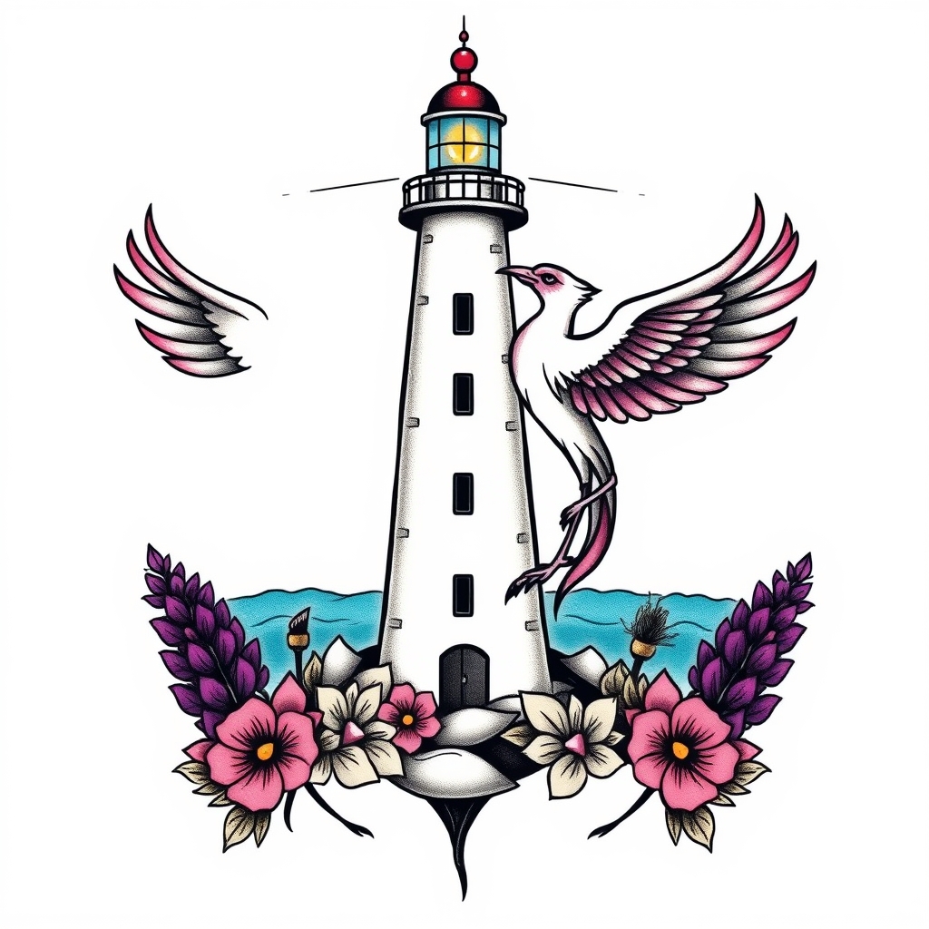 A tattoo design of  lighthouse with a phoenix an purple lupines   in the style of traditional. - mythical creatures and architecture tattoo design generated by AI tattoo generator