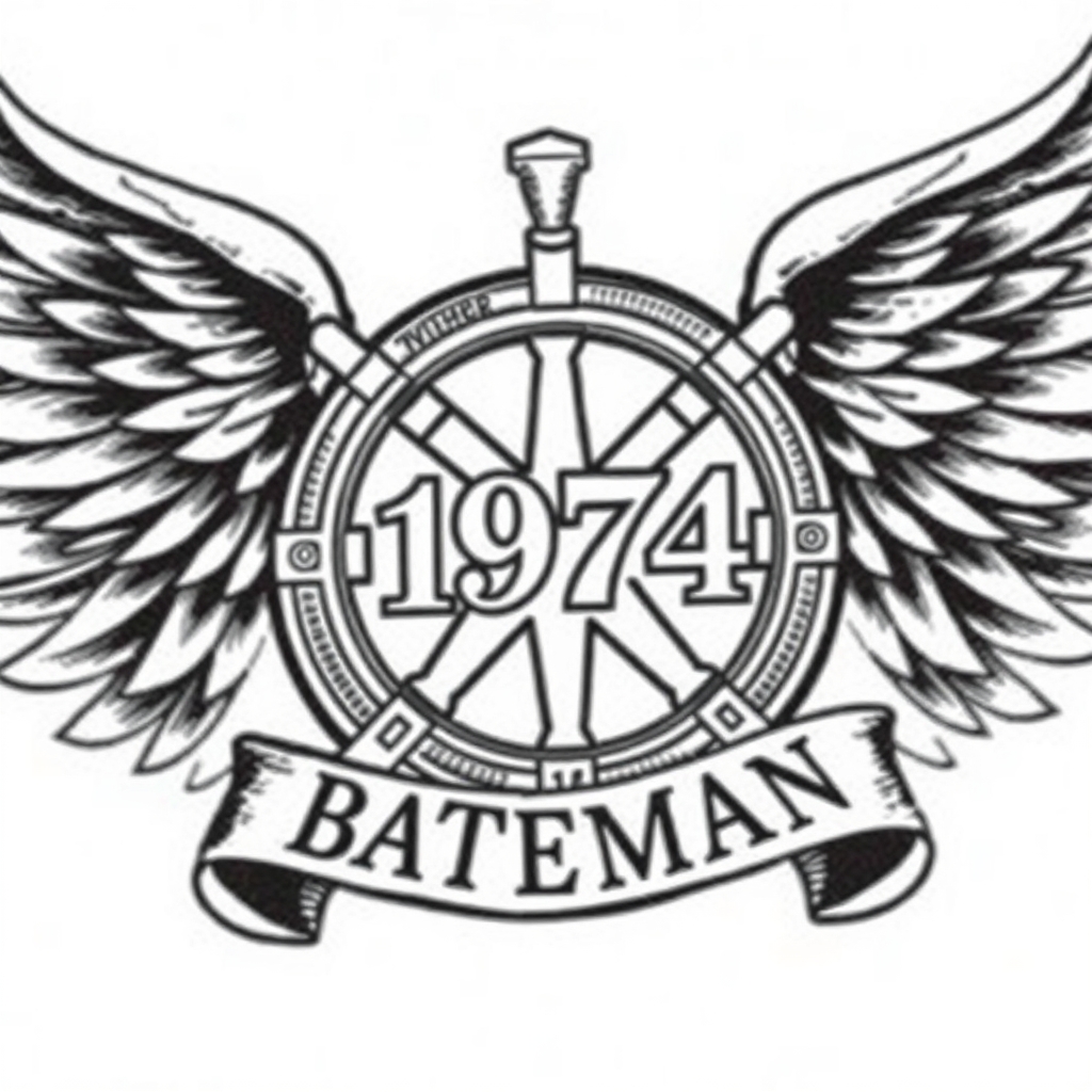 A tattoo design of Winged Wheel, “1974”, "BATEMAN", law enforcement, Father in the style of traditional. - law enforcement tattoo design generated by AI tattoo generator