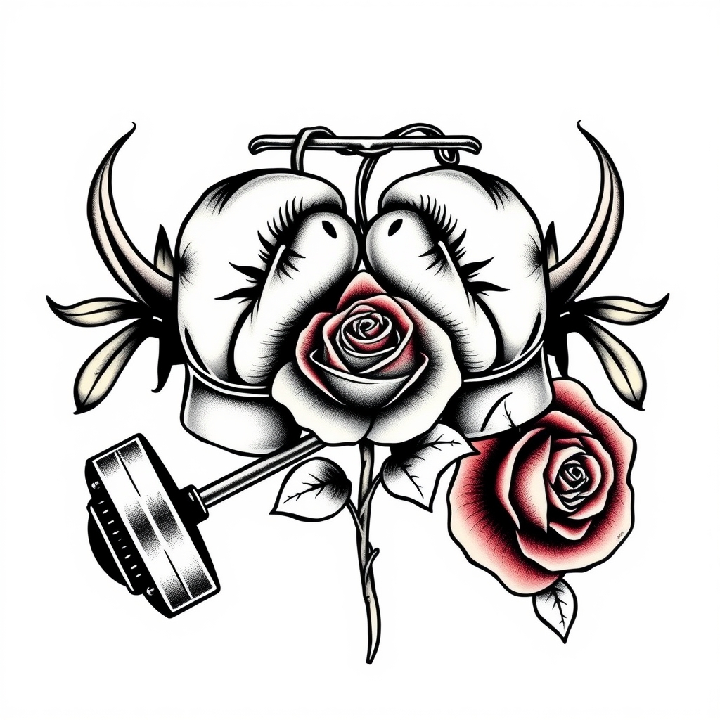 A tattoo design of A pair of boxing gloves, a barbell, and a rose in the style of tribal. - sports equipment flowers tattoo design generated by AI tattoo generator