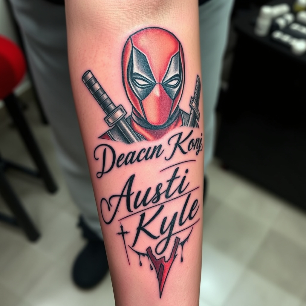 A tattoo design of Top half sleeve tattoo of deadpool tattooing the names Deacan Austin and Kyle directly on to the arm in the style of blackwork. - superhero pop culture tattoo design generated by AI tattoo generator