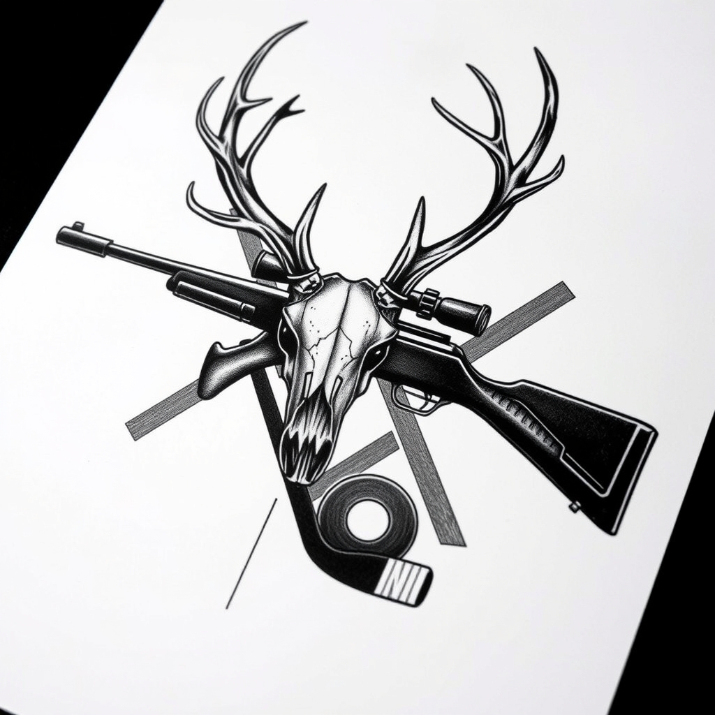 A tattoo design of i want a blackout deer skull on top of the x and i want a blackout hunting rifle going in an x with a blackout ice hockey stick in a x with the rifle with a blackout hockey puck in the style of realistic. - hunting and hockey tattoo design generated by AI tattoo generator