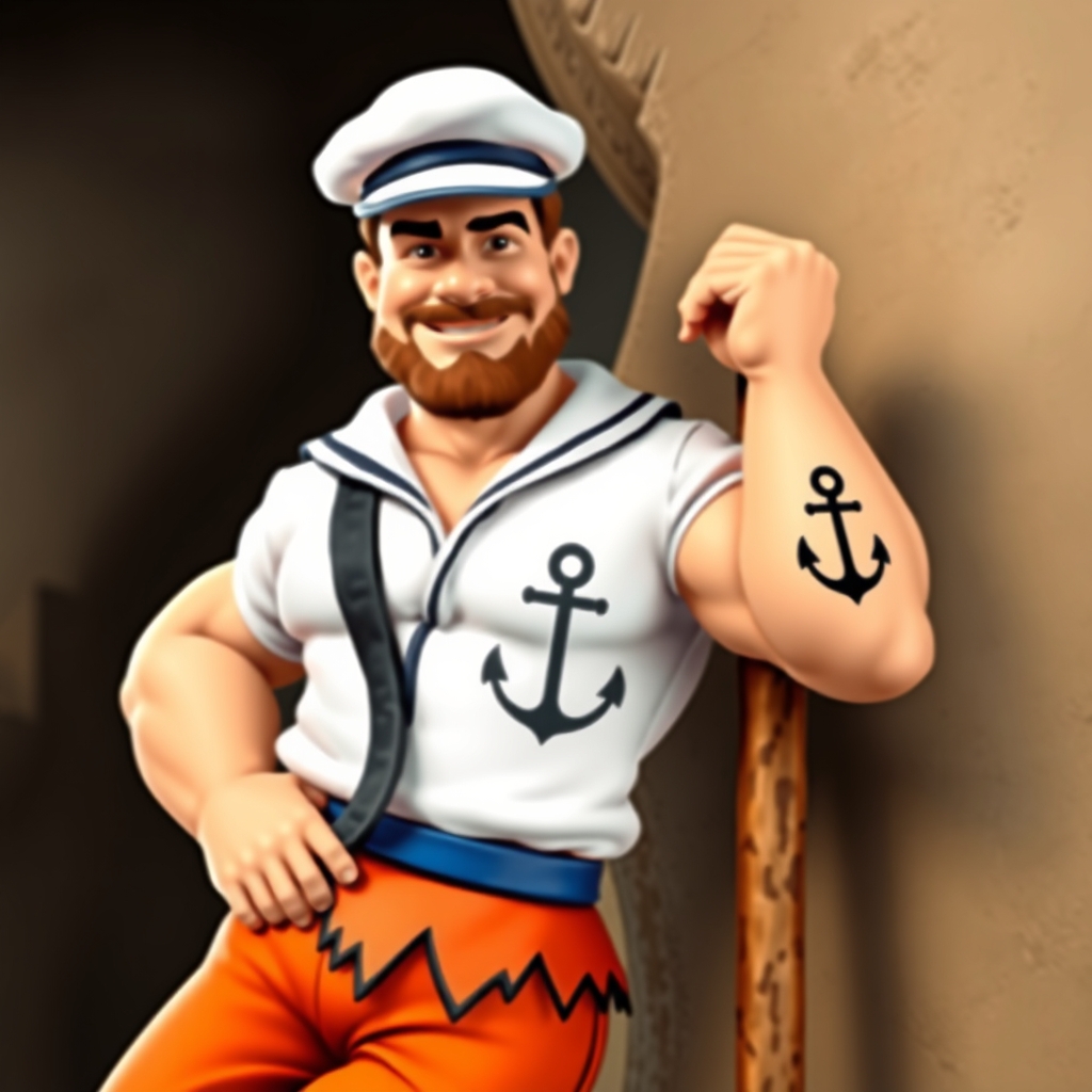 A tattoo design of Character & Pose Fred’s Iconic Build + Popeye’s Physique: Fred Flintstone’s round, amiable face—complete with his trademark stubble—is built on Popeye’s muscular frame, especially that legendary forearm power. Anchor Tattoo: Boldly inked on his forearm: Popeye’s classic anchor, seamlessly integrated into Fred’s rugged square-shouldered silhouette. Pose: Leaning casual and confident against Fred’s prehistoric club, angled slightly — suggesting a moment of rest after some mighty feats in Bedrock. Attire + Color Palette Popeye’s Sailor Outfit in Flintstone Hues: Shirt: Popeye’s white sailor shirt—reimagined in Fred’s signature orange-leopard pattern edged with Flintstone-style black jagged trim. Pants: Classic Popeye blue sailor trousers, but dyed in a rich Flintstone orange shade to match the shirt, trimmed black. Hat: Popeye's white cap, but the bill is stone-carved and slightly chipped for prehistoric flair. Props Club (Leaning On): A big, chunky stone club with vein-like cracks—clear Bedrock craftsmanship. Spinach Can (In Hand): A rock-hewn can labeled “Spinach” in a bold chiseled font, a vivid green leaf peeking out. --- 🖌️ Art Style Suggestions Neo‑Traditional / American Traditional Style: Clean, bold outlines (think thick black lines around character). A palette that’s bright but grounded: Flintstone orange, Popeye blue, leafy spinach green, stone-gray for props. Shading with stippling or classic Americana style for depth and texture. Color Balance: Orange-leopard pattern stays the dominant visual theme, grounding the design firmly in Fred's aesthetic—even as the sailor elements pop against it. in the style of traditional. - cartoon characters tattoo design generated by AI tattoo generator