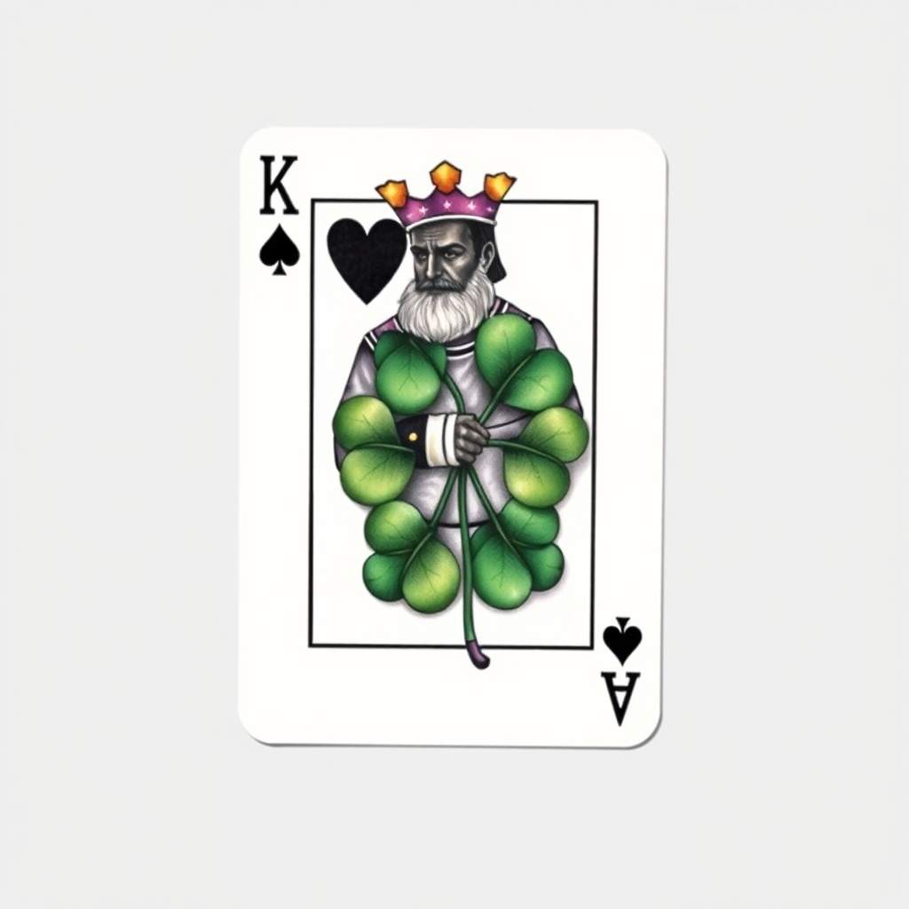 A tattoo design of I would like a 3 dimensional photo realistic playing card, an African American king of 4 leaf clovers, with black, green, and purple ink, maybe some white ink for highlighting. NO red ink. in the style of minimalist. - playing card tattoo design generated by AI tattoo generator