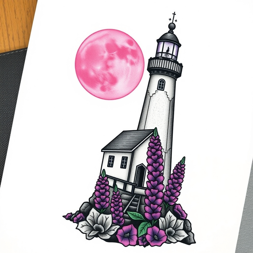 A tattoo design of lighthouse beside a chapel with a pink moon an purple lupines in the style of geometric. - landmarks and nature tattoo design generated by AI tattoo generator