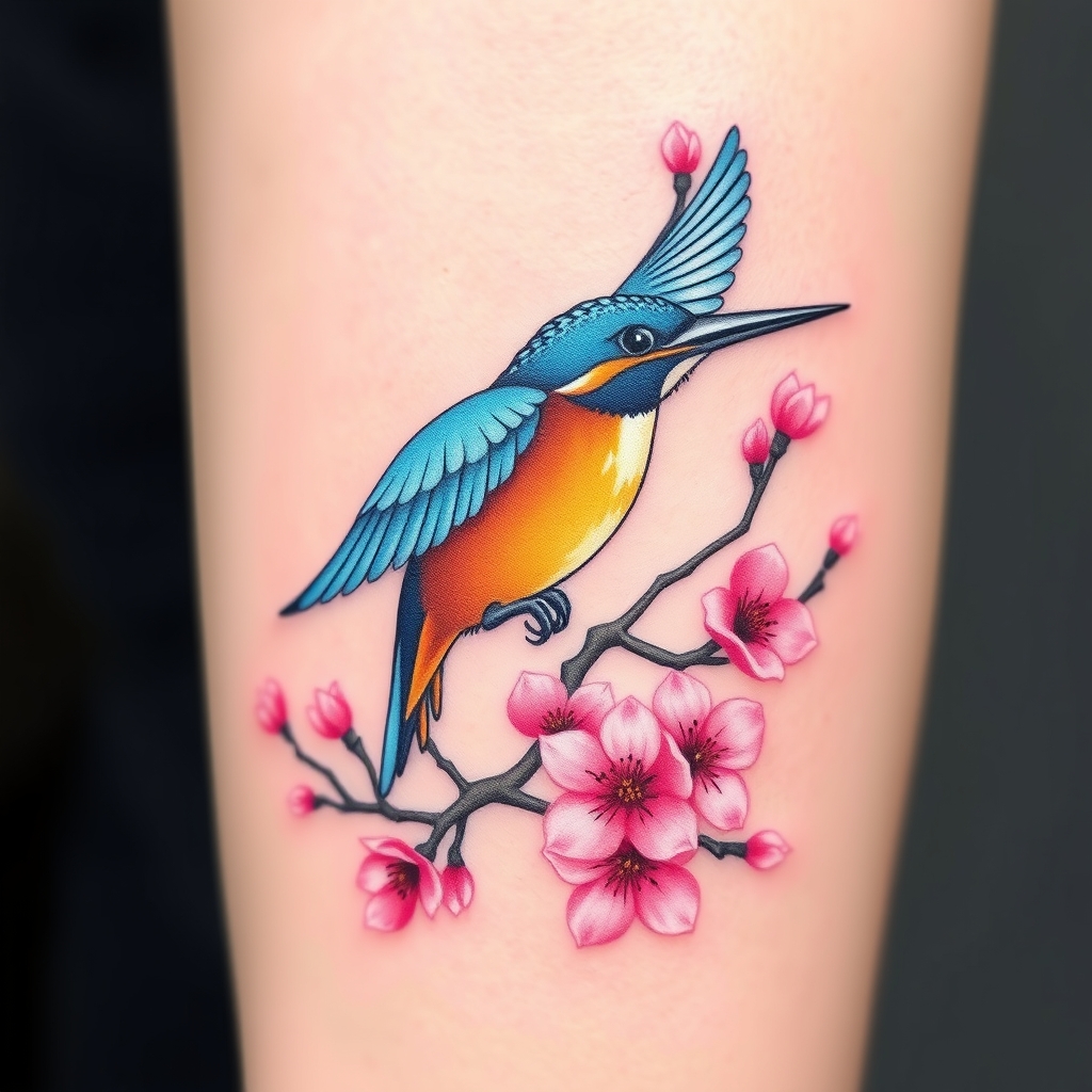 A tattoo design of blue and orange kingfisher in flight with pink cherry blossom tree in the style of minimalist. - birds and flowers tattoo design generated by AI tattoo generator