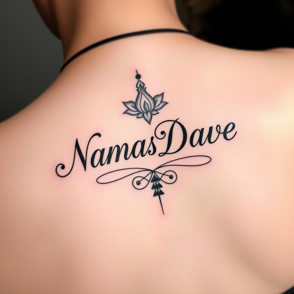 A tattoo design of "NamasDave" in a script for Yoga Teacher in the style of minimalist. - yoga tattoo design generated by AI tattoo generator