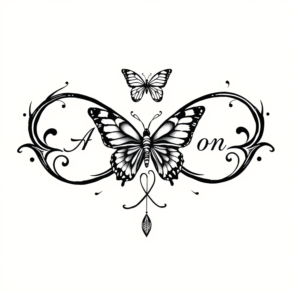 A tattoo design of Infinity symbol with the name Aaron and butterfly in the style of blackwork. - symbol with name tattoo design generated by AI tattoo generator