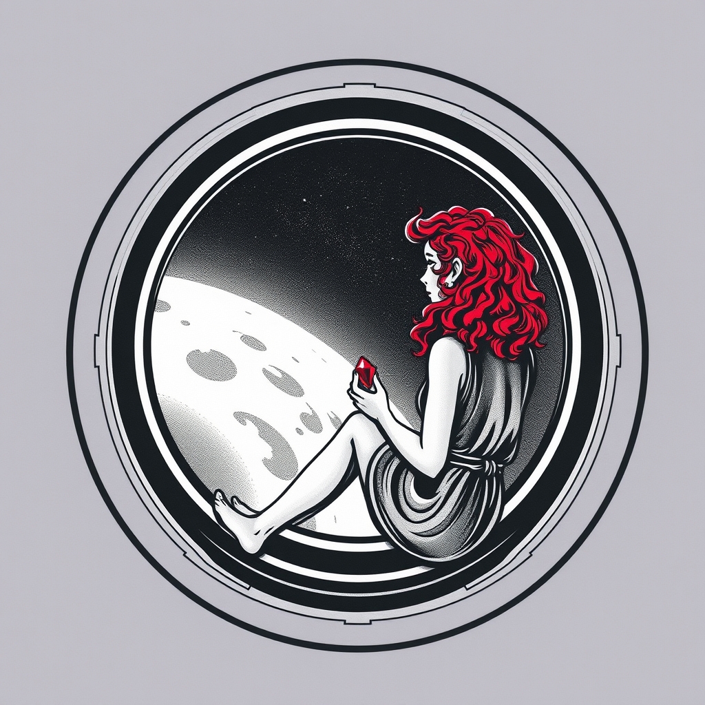 A tattoo design of Black and grey style. Curious redhead woman in romper with curly hair sitting in a small space capsule alone, facing the window. Floating through space with nothing to keep her company but a shining red ruby which she holds close by the porthole window. They are both sitting by the window peering out on an unknown planet. in the style of minimalist. - space travel tattoo design generated by AI tattoo generator