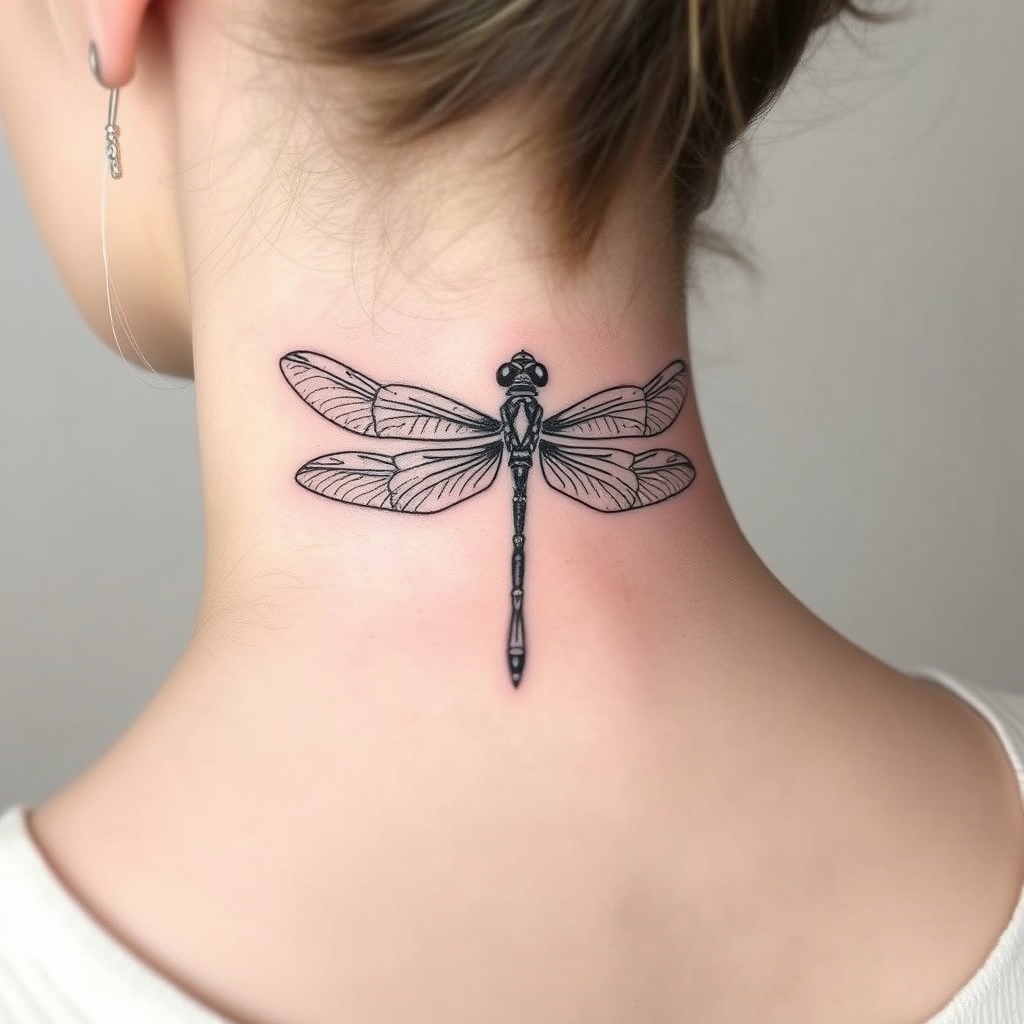 A tattoo design of Straight dragonfly with unique lines and detailing Soft andFeminineStraight dragonfly with unique lines and detailing Soft andFeminine , intheback Of the Neck in the style of minimalist. - dragonfly tattoo design generated by AI tattoo generator
