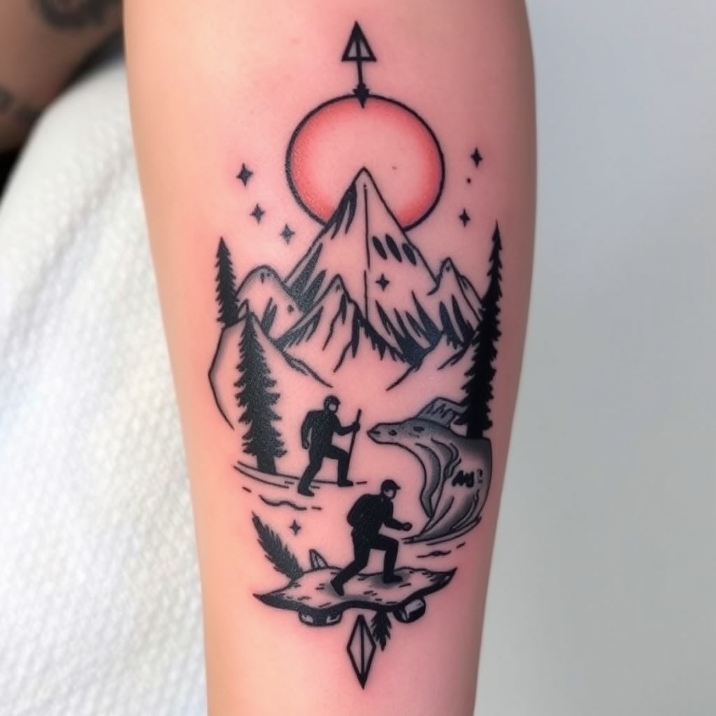 A tattoo design of About 15cm with an adventure theme in the style of realistic. - adventure tattoo design generated by AI tattoo generator