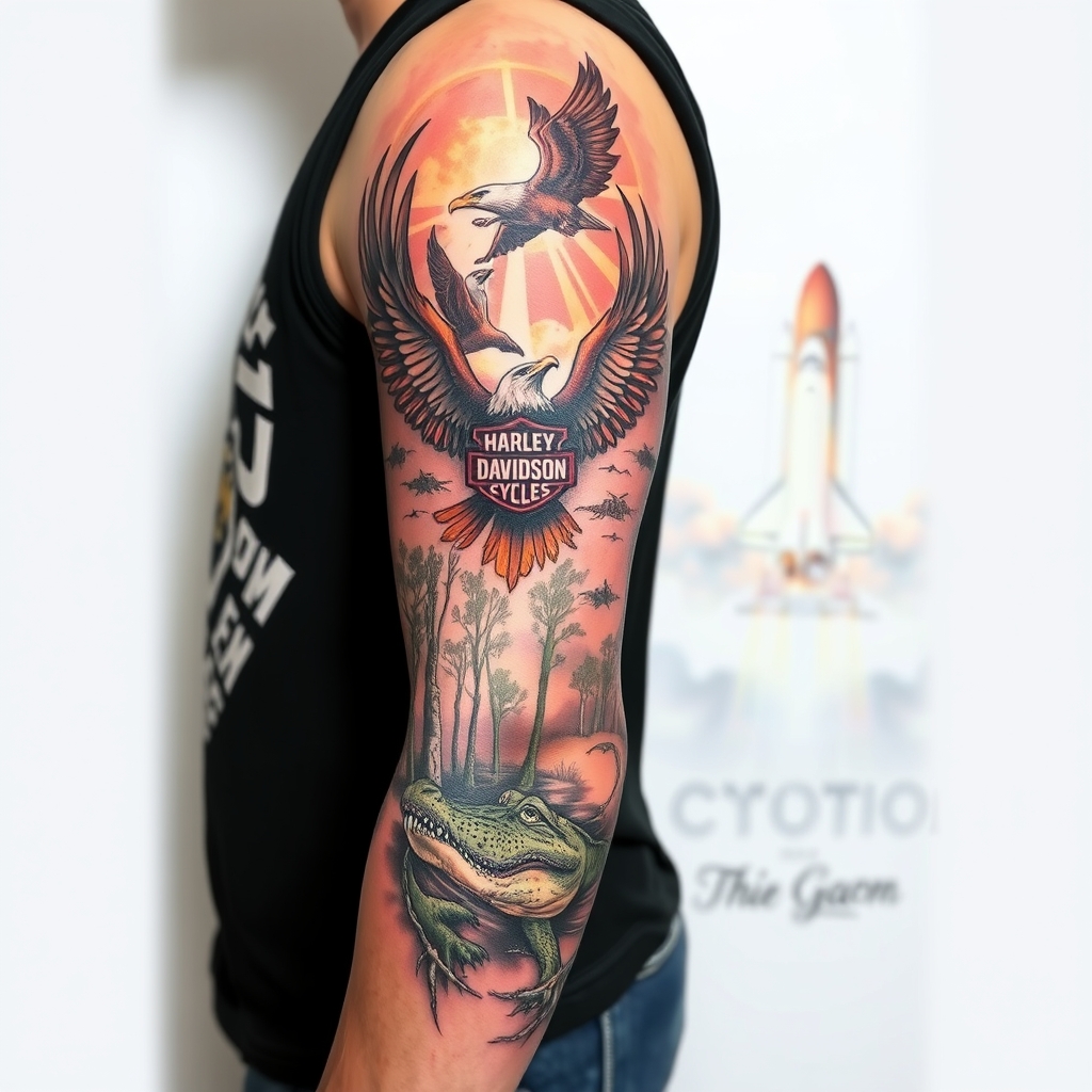 A tattoo design of Right arm full sleeve with the upper containing Harley Davidson theme with eagles mixed with the lower of Florida cypress swamp theme with alligator and space shuttle launch in the background in the style of realistic. - tattoo sleeve themes tattoo design generated by AI tattoo generator