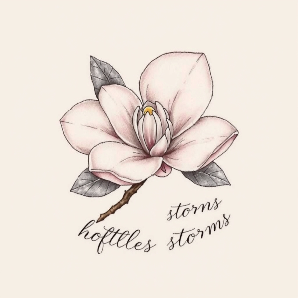 A tattoo design of Flower magnolia, script "softless holds storms" in the style of realistic. - flowers tattoo design generated by AI tattoo generator